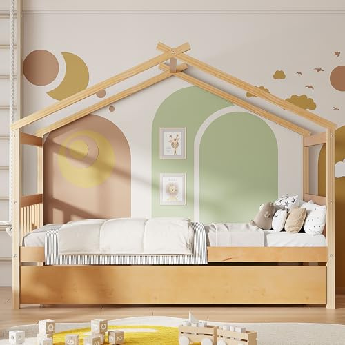 Twin Size Wooden House Bed with Trundle, Kids Twin Montessori Bed with Roof, Solid Wood Platform Bed Frame with Rails, Playhouse Trundle Beds, No Box Spring Needed, Easy Assembly, Natural