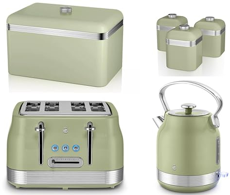 Swan Retro Revive Green Kitchen Set – Traditional Stovetop Inspired Design 1.7L 3KW Kettle, 4 Slice Toaster, Breadbin & Canisters. Matching Set in Vintage Green with Chrome Accents