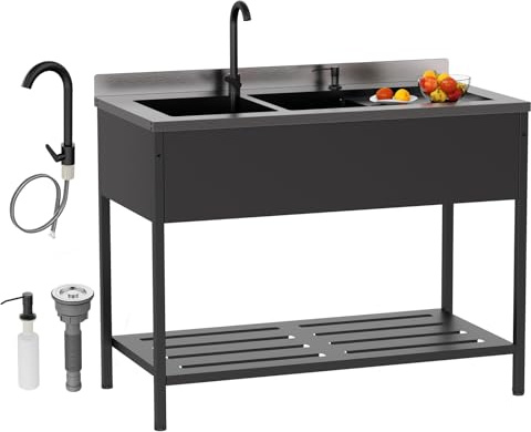 ROVSUN Black Electroplated Stainless Steel Double Bowl Utility Sink, 24D x 47.5W x 38.9H, Heavy-Duty Freestanding Prep & Cleaning Sink with Faucet for Restaurant, Kitchen, Laundry, and Garage Use