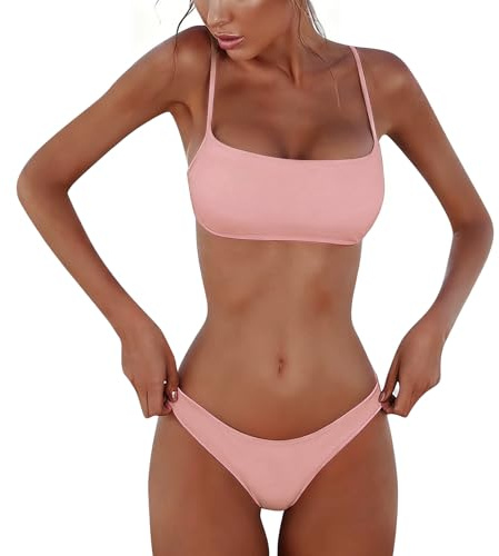 Svanco Dam 2-delad baddräkt brasiliansk tanga stringtrosa sexig bikini tan genom - perfekt för stranden, Ljusrosa, S