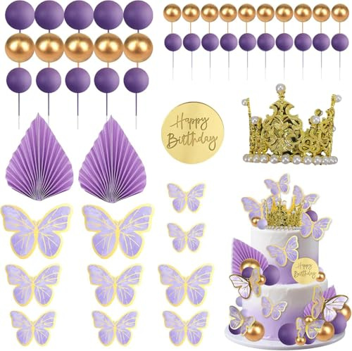 49 lila Schmetterlings-Kuchendekorationen, goldene 3D-Mini-Kronen aus Kunststoff, goldene „Happy Birthday“-Dekorationen, lila-goldenes Schaumstoffball-Set, Kuchendekorationen