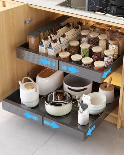 UMDONX 2 Pack Ausziehbare Schublade Küche Organizer mit Kleber, Teleskopschublade Erweiterbar Schrank Aufbewahrung Einstellbare Kitchen,Breite 30.5-51.5 cm,Tiefe 53 cm,Schwarz
