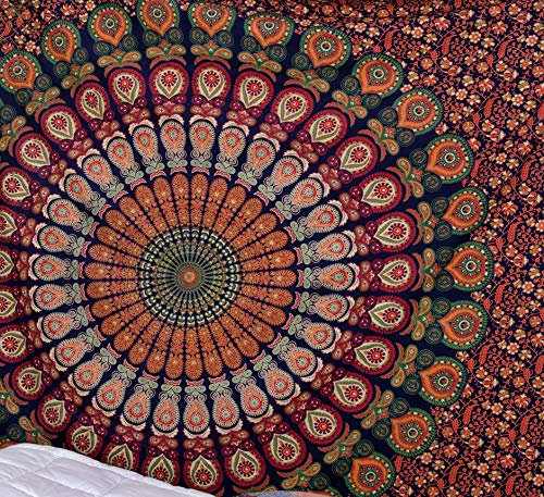 Popular Handicrafts Kp708 Hippie Mandala Bohemian Psychedelic Intricate Floral Design Indian Bedspread Magical Thinking Tapestry Blue King Size, 230 x 270 cms / 90 x 108 inches