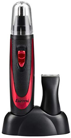 Girmi RC02 Rasoio Rifinitore, Lame in metallo, Base d'appoggio con alloggiamenti, Regola peli di naso, orecchie, basette e sopracciglia, Accessorio rifinitore naso/orecchie, Rosso/Nero