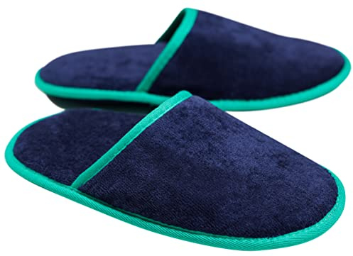 Sowel® Velour frottétofflor utan silikonnoppor, 100 % ekologisk bomull, hotelltofflor, kvinnor och män, en storlek, stängda, Marinblå grön, Einheitsgröße