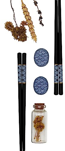 Sushi Geschenke-Set Essstäbchen Premium Holz 2 Paar inklusive Keramik-Unterleger Asiatisch Japanisch Chinesisch Koreanisch Edel mit schwarzer Schatulle