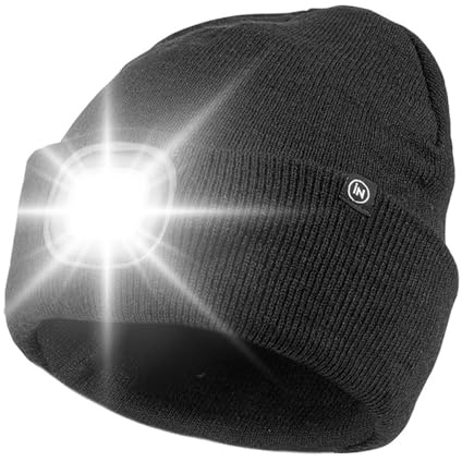 iN Ultra Bright Beanie Hat with Light Built Head Torch Rechargeable Beanie Hat Thinsulate Warm Unisex Knitted with Light – Waterproof - Running Lights for Runners - Gifts for Men Women Black