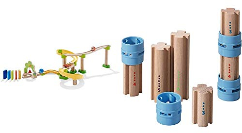 HABA 302056 - Kullerbü - Kugelbahn SIM-Sala-Kling, Holzkugelbahn mit vielen spannenden Bauelementen, Glöckchen-Tor und Klangtreppe, 38 Bauteile, Spielzeug ab 2 Jahren & Kullerbü Ergänzungsset Säulen
