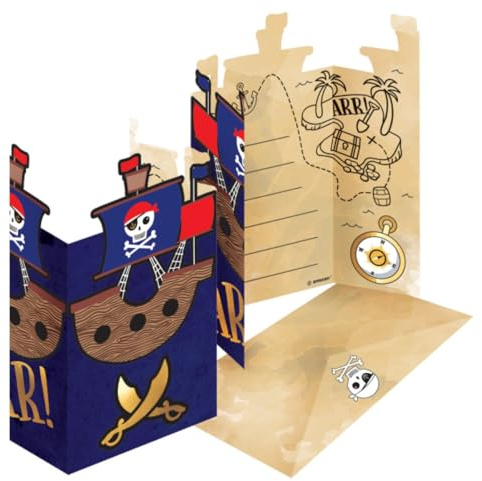 Amscan 9909920 – Tarjetas de invitación pirata, 8 tarjetas con sobre a juego, invitaciones, cumpleaños infantiles, fiestas temáticas, carnaval