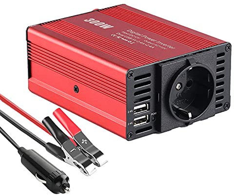 220v pour Voiture Camion Onduleur Transformateur, Convertisseur de Tension de Voiture 300W DC 12V à AC 220V Onduleur avec Câble Clip Rouge et Noir et Câble Allume-Cigare (Rouge)