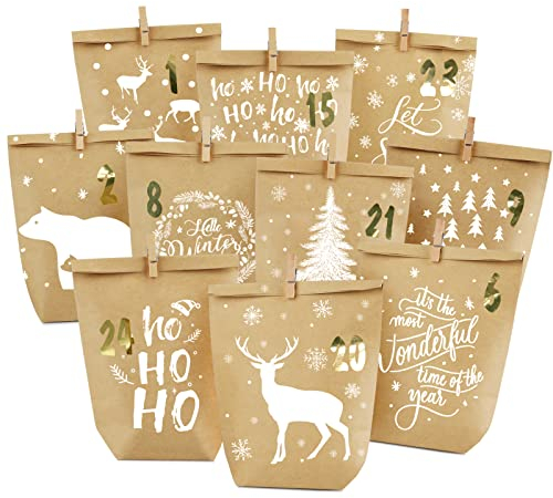 Adventskalender Tüten zum Befüllen, Weihnachtskalender Papiertüten zum Selber Basteln, DIY Advents Kraftpapiertüten Selbstbefüllen zum selbst füllen, 24 Bedruckte Geschenktüten für Kinder Erwachsene