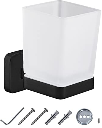 JASSFERRY Wall Mounted Toothbrush Tumbler Holder Single Frosted Glass Tumbler Toothpaste Organizer Storage Square Cup Black