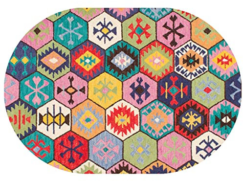 Rururug Teppich Oval Moderner Läufer Orientteppich Kurzflor Flur Schlafzimmer Küche Wohnzimmer rutschfest Waschbar,Rotes, grünes, gelbes und blaues mehrfarbiges Patchwork, Oval 80 x 150 cm