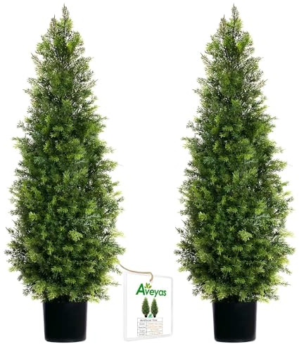 Aveyas 4ft Artificial Cedar Topiary Trees for Outdoor Front Porch Door, 4 Feet Faux Potted Plants Evergreen Fake Pine Cypress Tree for Outside Home Decor (4 ft Tall) - Set of 2 Pack