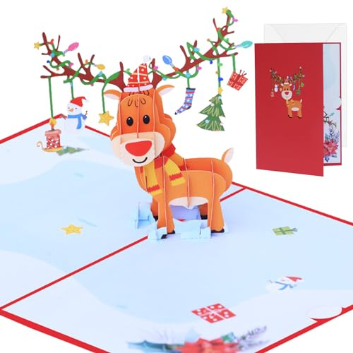 DOWNDRIFT Pop-Up Karte Weihnachten, 3D Weihnachtskarten, Weihnachtskarten Pop Up Set für Familie Freunde Festival Weihnachtsfeier- Rehkitz