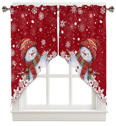 BEMIGO Rote Weihnachtsvorhänge mit niedlichem Schneemann, Landhaus-Girlande, Schneeflocken-Volant für Küche, Badezimmer, Schlafzimmer, Stangentasche, Fenstervolant über Waschbecken, 91,4 x 91,4 cm, 2