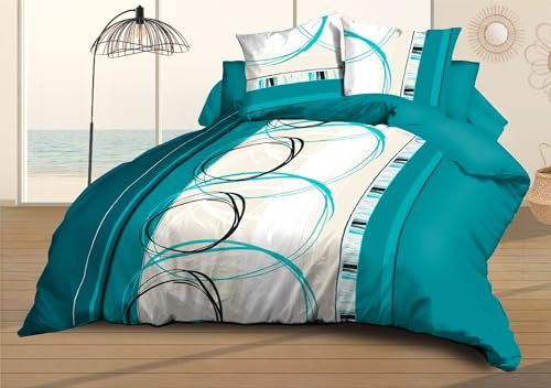 Housse de Couette 240x260 + 2 taies - Microfibre Douce et résistante - Entretien Facile - Roue-Libre Turquoise