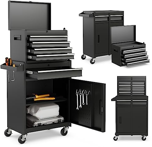 GYMAX Werkstattwagen mit 5 Schubladen, 2 in 1 Werkzeugschrank mit Haken, verstellbarem Regal & Universalrädern, Werkzeugwagen für Garage, Lager & Werkstatt (Schwarz)