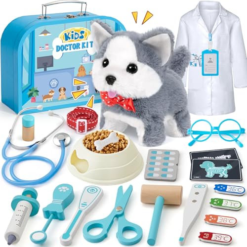 Maletin Medico Juguete de Madera, Perrito Juguete Ladra y Anda, Doctora Juguetes, Veterinario Juguete, Juguete Interactivo Perro, Juego de rol Kit Medico Infantil Regalo para Niñas Niños 3 4 5 6 Años