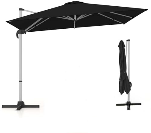 GOPLUS Parasol de Jardin Extérieur, Parasol Déporté 3x3M avec Poteau en Aluminium, UPF50+, Rotation 360°, 5 Angle Réglable, Manivelle, 8 Baleines, pour Balcon Patio Piscine Terrasse