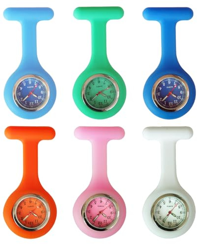 WIYETY 6 orologi da infermiera: orologi da infermiera con clip e custodia in silicone espandibile e puntatore luminoso, orologio a spilla per infermieri e medici, movimento al quarzo, analogico