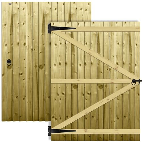 Flat Top Wooden Garden Gate 6x4.5ft - Feather Edge Semi-Braced Treated Timber Door + Ring Latch Hinge Pack, H:6ft x W:4.5ft Ideal for Outdoor Pathway Home Access (High: 180cm x Wide: 135cm)