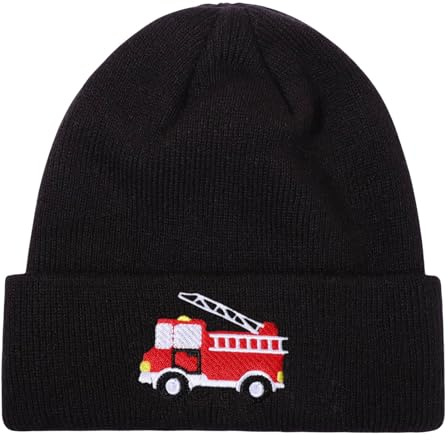 Toddler Knit Beanie Kids Cute Fire Trucks Embroidery Warm Cuffed Skull Caps Classic Autumn Winter Hats for Boys Girls 3-8 Years,Black