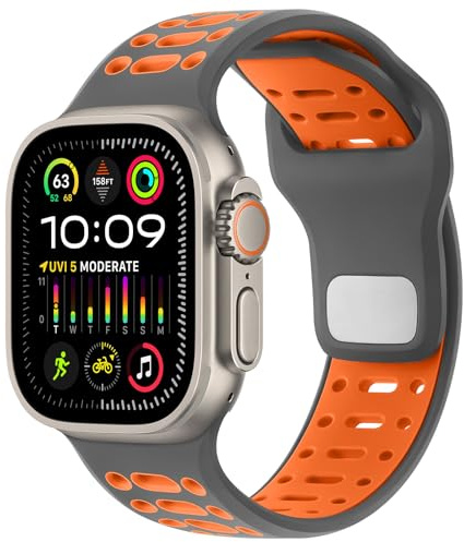 Amizee Sport Straps Compatible with Apple Watch Strap 49/46/45/44/42mm Men, Breathable Soft Silicone Replacement Strap for iWatch Ultra 3/2/1 Series 11 10 9 8 7 6 5 4 SE 3/2/1, Gray/Orange
