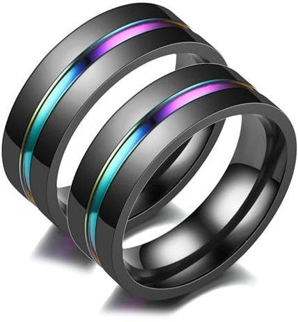 Bishilin Hochzeitsringe Edelstahl, Paar Ringe Verlobung 8MM mit Regenbogen Rille Partnerringe Freundschaftsringe für 2 Damen Gr.65 (20.7) & Herren Gr.57 (18.1)