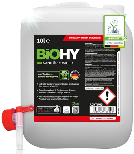 BiOHY Sanitetsrengörare Plus (10l burk) + knacka | Kalknedbrytande koncentrat för sanitetsområdet | Badrumsrengöring med en behaglig och fräsch doft | EXTRA STARK (Sanitärreiniger Plus)