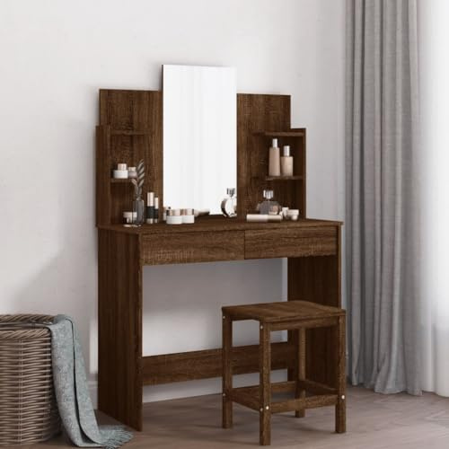 Xichuzi Schminktisch mit Spiegel Braun Eichen-Optik 96x39x142 cm, Schminken Tisch, Frisiertisch, Kosmetiktisch, Schminkkommode, Make Up Tisch, Schmink Tisch - 837581