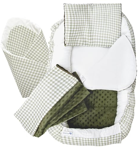 Medi Partners Babynestset för nyfödda - 100x60x15 cm 5-delat portabelt nest vändbart 100% bomull (Grön ruta med grön Minky)
