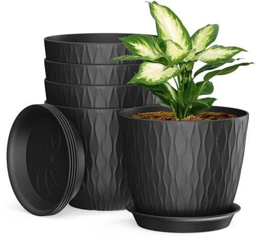 17cm Plant Pots Indoor, 5 Pack Plastic Planters with Drainage Holes and Saucer, Decorative Stripe Grooves Flower Pots for Indoor Outdoor Houseplants（Black）