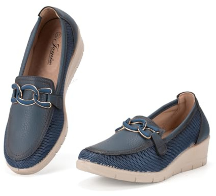Mocassins Femmes Marche Loafers Compenseés Compenseés Chaussure de Marche à Plateforme Respirant Décontracté Mode Sneakers pour Femme (Marine, 36)