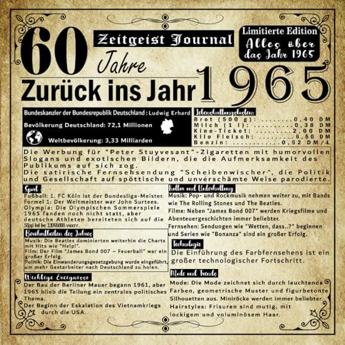 60 Jahre 1965: Geburtstag Gästebuch mit Retro-Jahresrückblick: 120 leere weiße Seiten/ Quadratisches Format 21 cm/ Softcover.