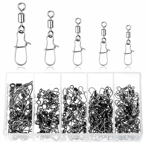 JSUOEO Angelwirbel, 125 Stück Fishing Angel Wirbel Set #2#4#6#8#12 Edelstahl Kugellager Wirbel Angeln Snap 8-28kg mit Karabiner Angelzubehör für Forellen Barsch Zander