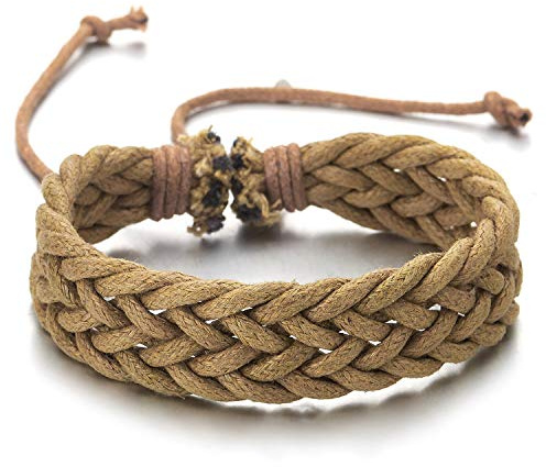 COOLSTEELANDBEYOND Uomo Donna Marrone Beige Intrecciato Cotone Corda Braccialetto, Cuoio Fascia di Polso, Bracciali Avvolgere, Regolabile