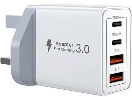 40W USB C Plug Fast Charger UK Wall with 4 Port Dual USB C and USB A Adapter Power Delivery QC3.0 Charging Plug Multiport Type C Charger for iPhone 16 15 14 13 12 Pro Max iPad Samsung Galaxy