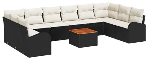 vidaXL 11 Delars Trädgårdsoffor med Kuddar Svart Poly Rattan Akacia Sittplats för 5 Utomhus Modulär Design Förvaringslösning Stilig Väderbeständiga Möbler Bekväm Stor Vävd Dämpad