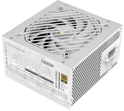 Mars Gaming MPB1000SI, Alimentation PC ATX 1000W, Garantie 7 Ans, 80Plus Gold 90%, Ventilateur SI Extreme Silence avec Noyau Cuivre et Aluminium, Technologies AI2-RPM, DC-DC et SMD, Blanc