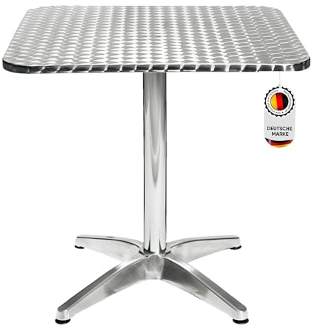 Hochwertiger Bistrotisch aus Aluminium, Eckiger Aluminiumtisch Wetterfest für Garten, Balkon und Terrassen – T80 x B80 x H72cm / Pflegeleichter Gartentisch mit Standfüßen –Silber glänzend Tischplatte