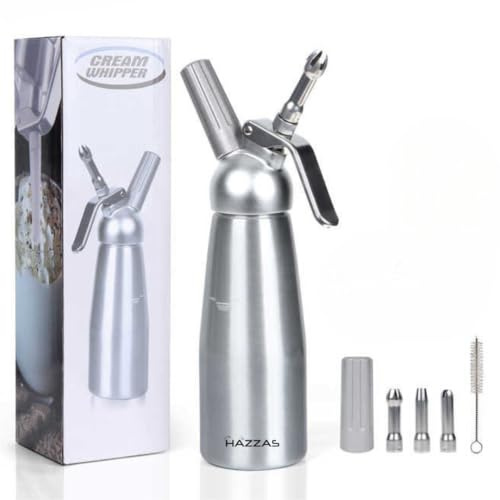 Hazzas Classic 304 Stainless Steel Whipped Cream Dispenser, 500ml w/ 3 Decorating Nozzles & Brush - Commercial Grade Food Grade Cream Whipper - Easy to Use and Clean for Home Chef, Desserts, Coffee