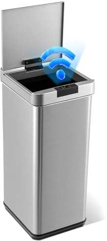 COSTWAY 48L Automatic Kitchen Bin, Touchless Infrared Motion Sensor Garbage Bin with Soft Closure Lid & Stay Open Function, Anti-Fingerprint Stainless Steel Slim Trash Can for Bathroom Office
