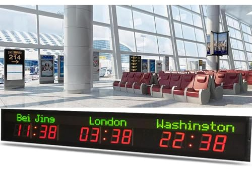 Orologio con fusi orari mondiali, orologio da parete digitale con LED rosso e fuso orario 3/4/5/6, orologio da parete mondiale a colori per interni con più fusi orari, per hotel, aziende, aeroporti