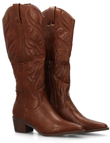 shoes&blues.es 95353 Bota Cowboy para Mujer de Cana Alta con Bordados y Punta Fina. Tacon Ancho.Ideales para Otono Invierno. Marron Talla 36