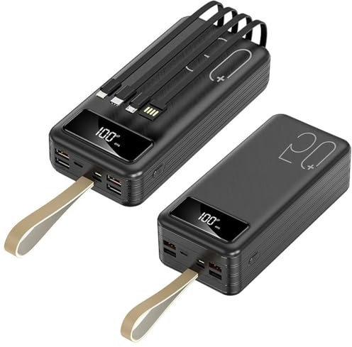 Power Bank, 50000 mAh, batteria esterna a ricarica rapida da 1 A con display LED e 4 cavi, 7 uscite e 4 ingressi, caricabatterie portatile, nero, 60000 mAh