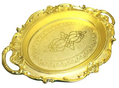 BeeSavvy Golden Serving Tray, Easy Handling and Cleaning, Elegant Embossed Floral Design, Perfect for Serving Sweets, Dry Fruits, Decorative Display, Long-Lasting Shine, Lightweight, Royal Aesthetics