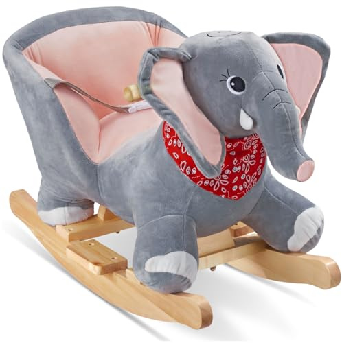 tectake® Schaukeltier mit Sicherheitsgurt und Soundeffekt, Schaukelpferd Baby ab 12 Monate, Baby Schaukel Indoor mit weichem Plüschbezug und Rückenlehne, breite Griffe - Elefant