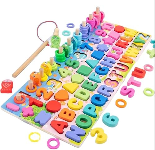 Montessori Wooden Activity Board for Toddlers 5-in-1 Early Learning Educational Toy with Alphabet Letters, Numbers, Shapes, Counting Rings & Magnetic Fishing | Preschool Fine Motor Skills Development