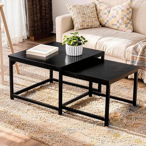 Erlium Ouchtisch Square, Satztisch 2er Set, Wohnzimmertisch mit Schwarz Metallgestell, Beistelltisch Set, Couchtisch Marmor Optik Sofatisch für Wohnzimmer für Wohnzimmer, Schlafzimmer, Büro, Schwarz
